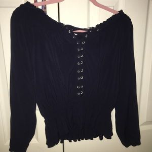 Synched navy tie up off the shoulder top